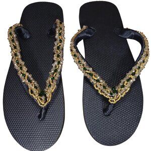 Beaded Flip Flops for Women Summer Style Sandals - (Green, Gold 1)